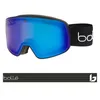 A pair of ski goggles with a blue lens and a black strap, shown against a white background. A separate image of the goggle strap with the brand logo is shown below. Náhľad obrázku produktu
