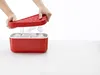 Hands are holding a red ice box lid over a red ice box filled with ice cubes. Náhled obrázku produktu