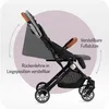 A side view of a stroller with text overlays highlighting its features. Produktbild-Vorschau