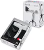 Two boxes of a white hairdryer, one open showing the product and accessories, and one closed. Produktbild-Vorschau