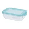 A clear, studio shot of a rectangular glass food container with a light blue plastic lid, presented on a plain white background. Produktbild-Vorschau
