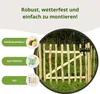 A wooden garden gate made of hazelnut wood, with text highlighting its features. Produktbild-Vorschau