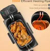 A deep fryer with fried chicken in the basket, with close-ups of the heating element and control panel. Produktbild-Vorschau