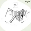 A technical drawing of a playground set with dimensions and area indicated. Voir les images du produit