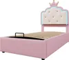 A pink upholstered twin bed with a tufted headboard shaped like a crown, featuring LED lighting. Produktbild-Vorschau