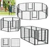 A collage of images showing various configurations of a black metal pet playpen, with one image featuring a woman and a dog interacting with a playpen in a garden setting. Voir les images du produit