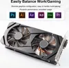 A graphics card with two fans, with marketing text and software logos above it. Produktbild-Vorschau