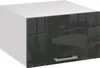 A 3D rendering of a white and black kitchen cabinet with a reflective black glass front showing a blurred office interior. Produktbild-Vorschau