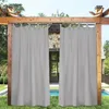 Outdoor curtains hanging on a wooden pergola with a pool and building in the background. Produktbild-Vorschau