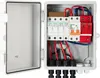 An open electrical junction box containing various components like fuses, circuit breakers, and surge protectors, with red and blue wires connected. Náhled obrázku produktu