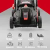 A close-up view of a black and red electric lawnmower with various feature icons and text below. Produktbild-Vorschau