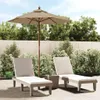Two lounge chairs and a patio umbrella are set up on a patio next to some bushes and a wooden fence. Anteprima dell’immagine prodotto