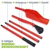 A set of red gutter cleaning tools, including a scoop and extension poles, laid out on a white background with labels. Produktbild-Vorschau