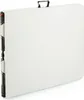A folded white table with a black handle on top. Produktbild-Vorschau