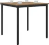 A square dining table with a wooden top and black metal legs, set against a white background. Four white cups and saucers are placed on the table. Produktbild-Vorschau