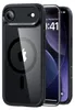 A black protective case with a clear back is shown on a black background, with a smartphone partially visible behind it. Produktbild-Vorschau