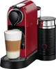 A red Nespresso coffee machine with an integrated milk frother and a cup of coffee. Anteprima dell’immagine prodotto