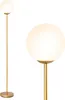 A modern floor lamp with a spherical white shade and a gold-colored stand, shown against a white background. Podgląd zdjęcia produktu