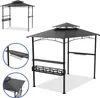 A black metal BBQ gazebo with a double roof and shelves, shown from a slightly angled front view. Inset images highlight shelf details and roof construction. Voir les images du produit