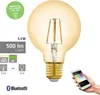 A close-up of a vintage-style LED light bulb with marketing information and a smartphone displaying a color palette. Produktbild-Vorschau