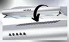 A close-up collage of a silver range hood, showing its controls and ventilation grills. A black arrow points from the top image to the bottom image. Produktbild-Vorschau