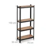 A four-tier black metal shelving unit with brown shelves, shown against a white background with dimensions indicated by text overlays. Podgląd zdjęcia produktu
