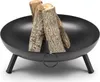 A black steel fire pit with logs inside, shown on a white background. Produktbild-Vorschau
