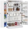 A white multi-door cabinet filled with various kitchen items, including mugs, jars, bottles, and cans. Produktbild-Vorschau