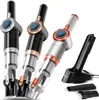 Three handheld vacuum cleaners in different colors, along with a charging station and accessories, displayed against a white background. Produktbild-Vorschau