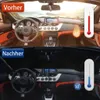 Vorher-Nachher-Vergleich eines Autoinnenraums mit und ohne schwarzen Windschutzscheiben-Sonnenschutz, der die Temperaturreduzierung zeigt Náhled obrázku produktu