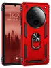 A red phone case with a ring holder is shown in front of a phone screen displaying the time and date. Produktbild-Vorschau