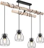 A four-light pendant chandelier with a rustic, natural wood beam design and black metal cage shades. Produktbild-Vorschau