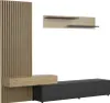 A modern living room wall unit with a slatted panel, a floating shelf, and a long media console. Produktbild-Vorschau