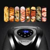 A close-up of the top of a black air fryer with a digital display and control panel, with a row of food images above it. Podgląd zdjęcia produktu
