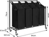 A four-compartment laundry sorter with black fabric bags on a black metal frame, shown with dimensions indicated by measurement lines and text. Voir les images du produit
