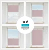 A collage of four windows showing a pink pleated blind in different positions, with a central circular graphic detailing the product's features. Produktbild-Vorschau