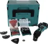 A Makita cordless multi-tool kit with accessories and a storage case, laid out on a white background. Produktbild-Vorschau