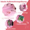 Collage of images showcasing the features of a pink children's vanity set, including its tabletop, shelves, and drawer, with text descriptions in German. Podgląd zdjęcia produktu