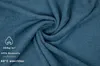 A close-up, swirled view of a teal-colored towel with text and icons in the lower-left corner. Produktbild-Vorschau