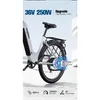 A close-up view of the rear wheel and motor of a white electric bicycle, with marketing text and feature icons. Produktbild-Vorschau