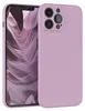 A purple iPhone 13 Pro Max case is shown diagonally against a light gray background. The phone screen is visible and displays a purple abstract wallpaper. Produktbild-Vorschau