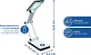 A white LED desk lamp with dimensions and material information displayed. Produktbild-Vorschau