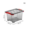 A transparent storage box with red handles and a gray lid, shown with dimensions indicated by lines and text. Produktbild-Vorschau