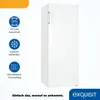A white upright freezer is shown against a white and orange background, with feature icons and text on the left. Produktbild-Vorschau