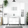 A modern white bathroom vanity with a sink and faucet, flanked by two tall storage cabinets. A plant hangs in the upper left corner. Náhľad obrázku produktu