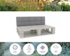 A product shot of a pallet bench with a grey cushion, set against a white background, with decorative icons below. Náhľad obrázku produktu