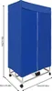 A blue electric heater clothes rack with dimensions indicated. Náhled obrázku produktu