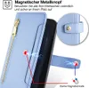 Close-up of a light blue phone case with a zipper and magnetic closure, highlighting its features with text and graphics. Produktbild-Vorschau