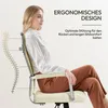 A woman is sitting in an ergonomic office chair, demonstrating its features. Text overlays highlight the ergonomic design and comfort. Produktbild-Vorschau