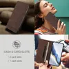 Collage of images showing a brown leather phone case, a woman holding a phone case, and a close-up of the phone case with cash and card slots. Produktbild-Vorschau